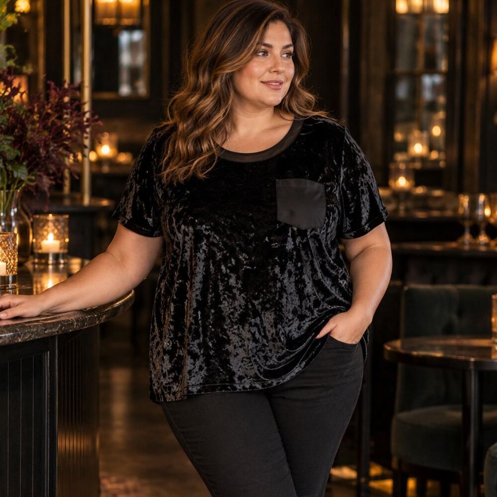 Black Crushed Velvet Top 0X Plus Size Sheer Pocket Whimsigoth Goth Holiday Tee
